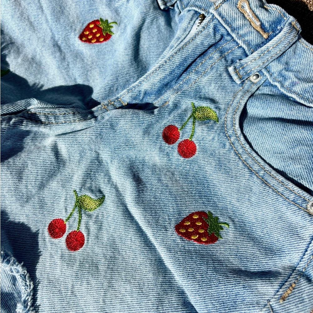 Old Navy Light Blue Kids Shorts with Cherry/Strawberry Embroidery
